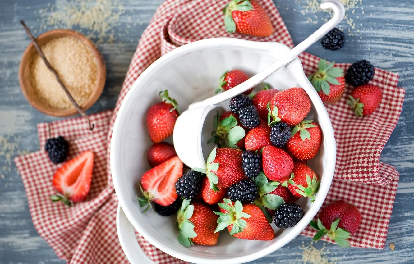 Photo wallpaper red, berries, strawberry, plate, sugar, BlackBerry, vanilla, ladle