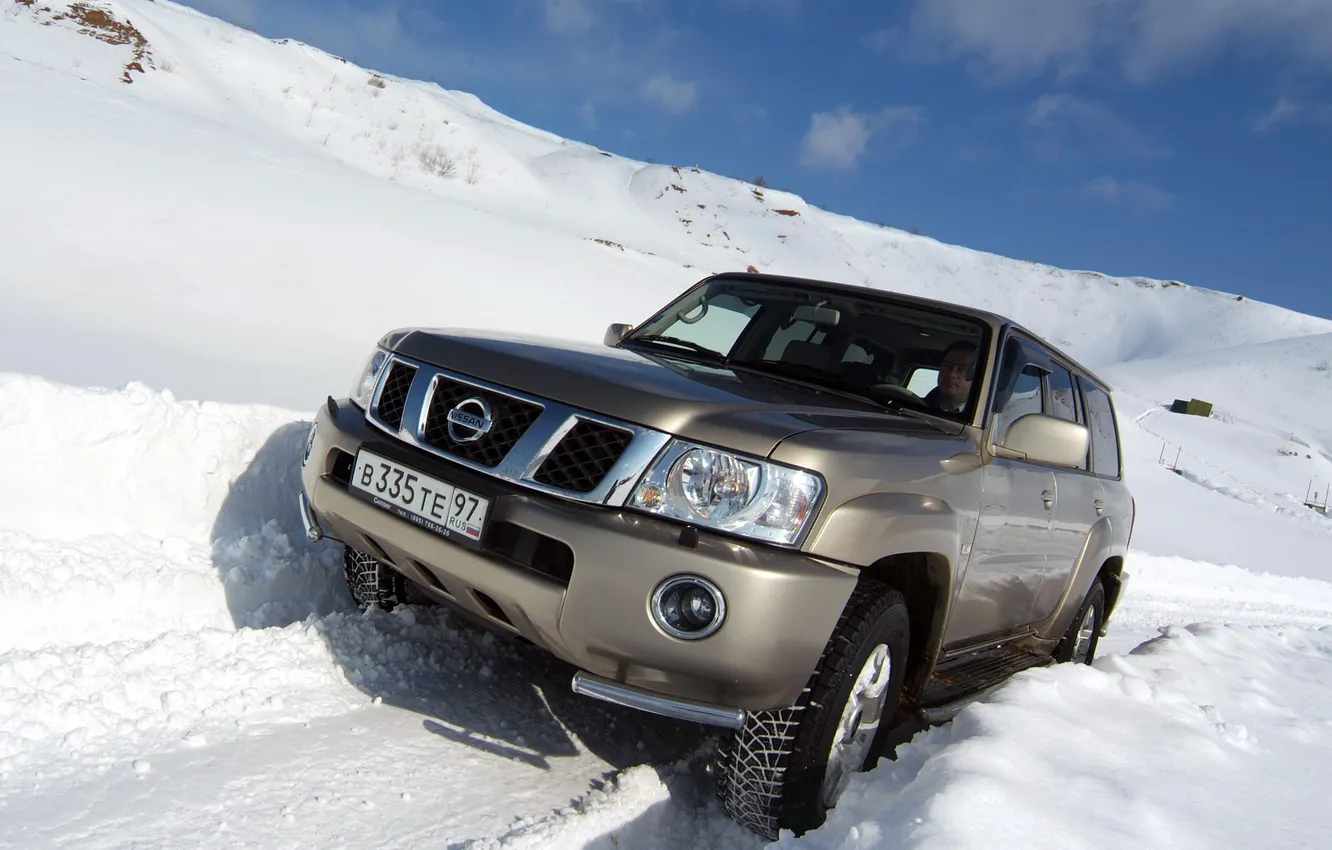 Photo wallpaper snow, jeep, SUV, track, Nissan, Nissan, the front, patrol