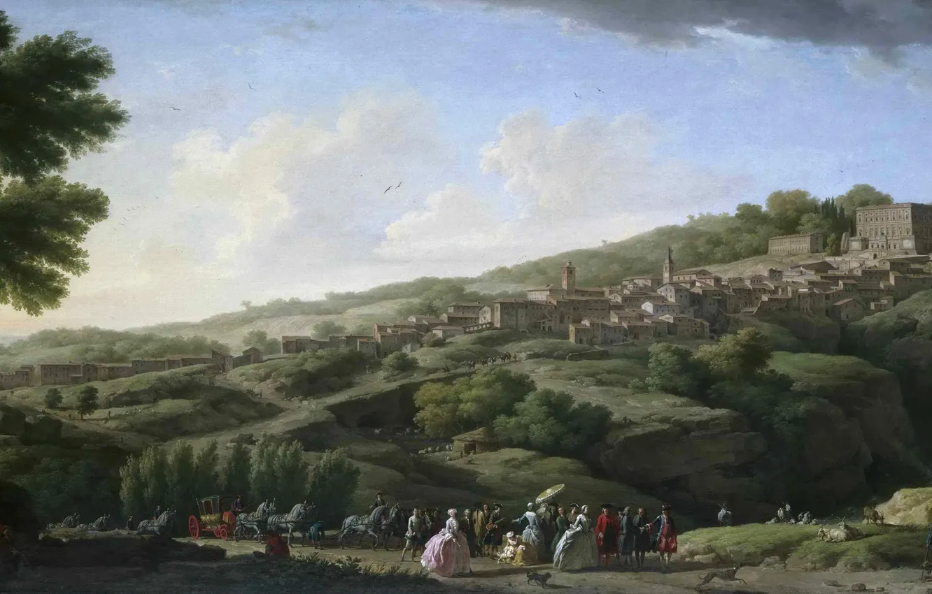 Photo wallpaper the sky, trees, landscape, hills, Villa, people, picture, town