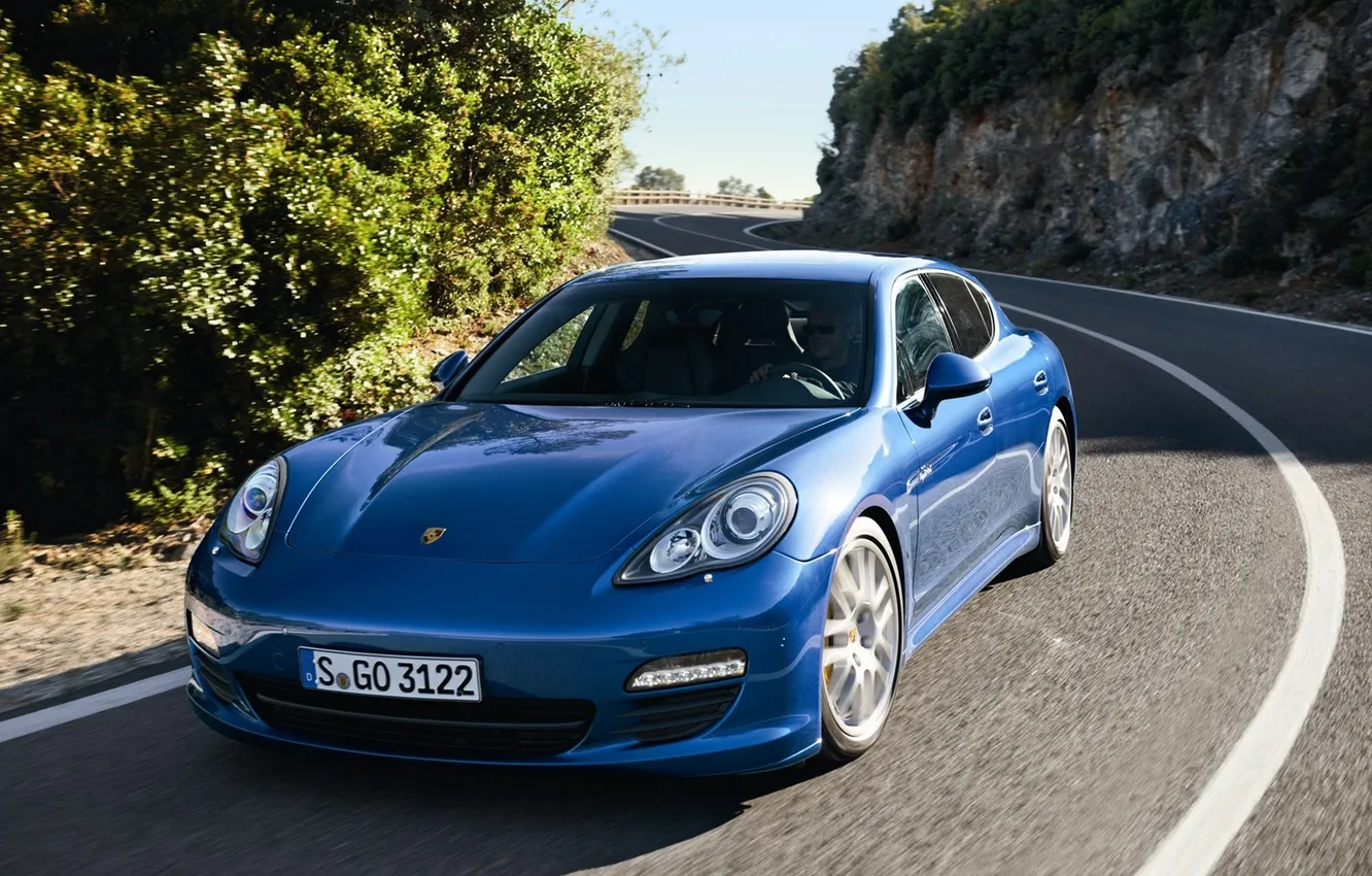 Photo wallpaper road, blue, turn, Porsche, Porsche Panamera S Hybrid 2011