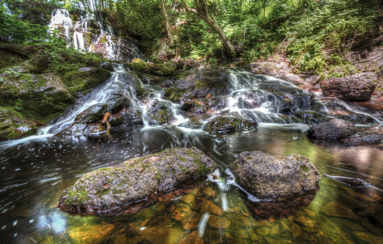 Photo wallpaper trees, stones, waterfall, moss, HDR, USA, Michigan, Hungarian Falls