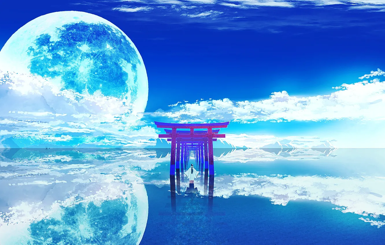 Photo wallpaper girl, the moon, torii