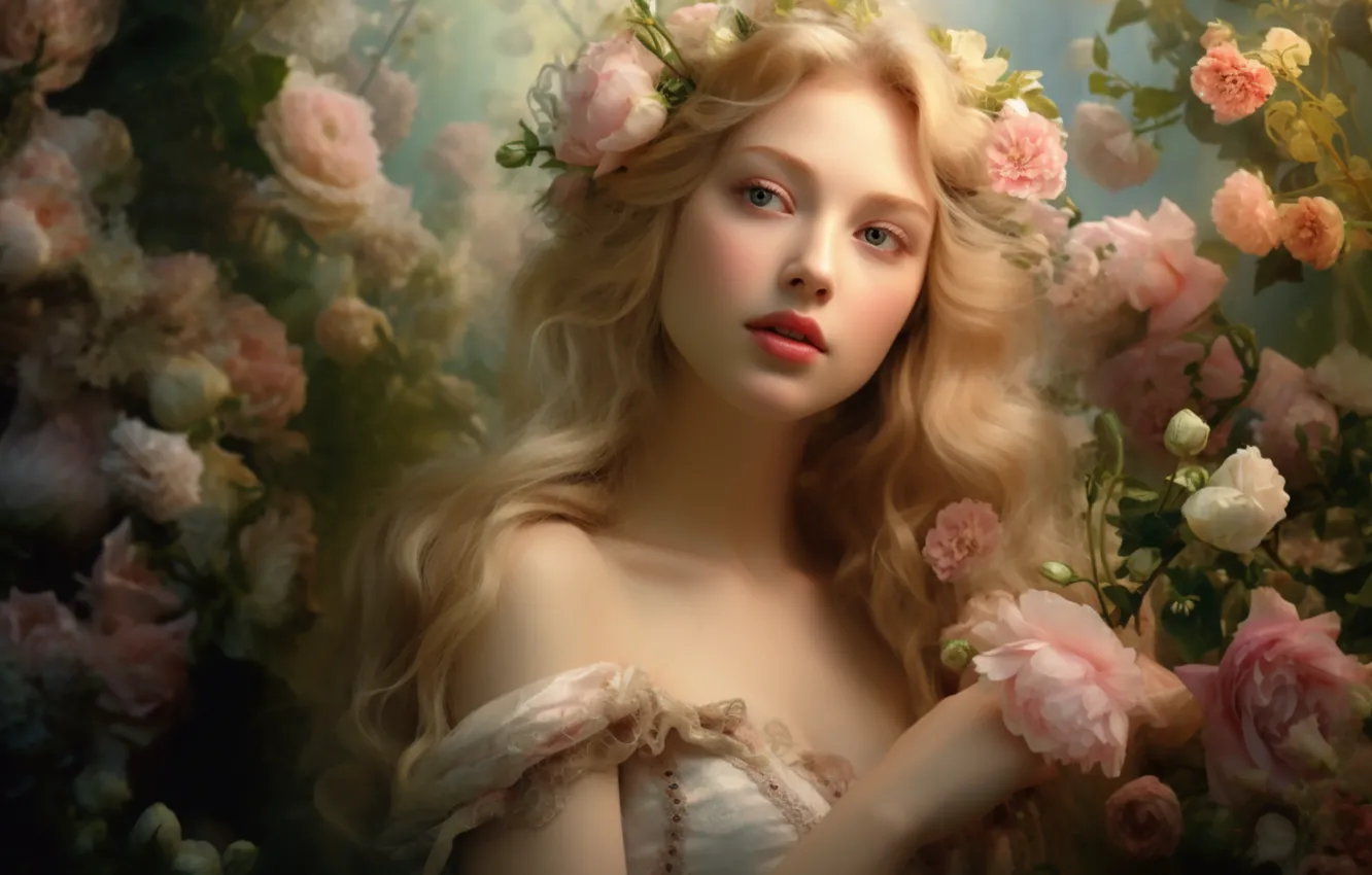 Photo wallpaper look, girl, flowers, youth, youth, tenderness, roses, garden