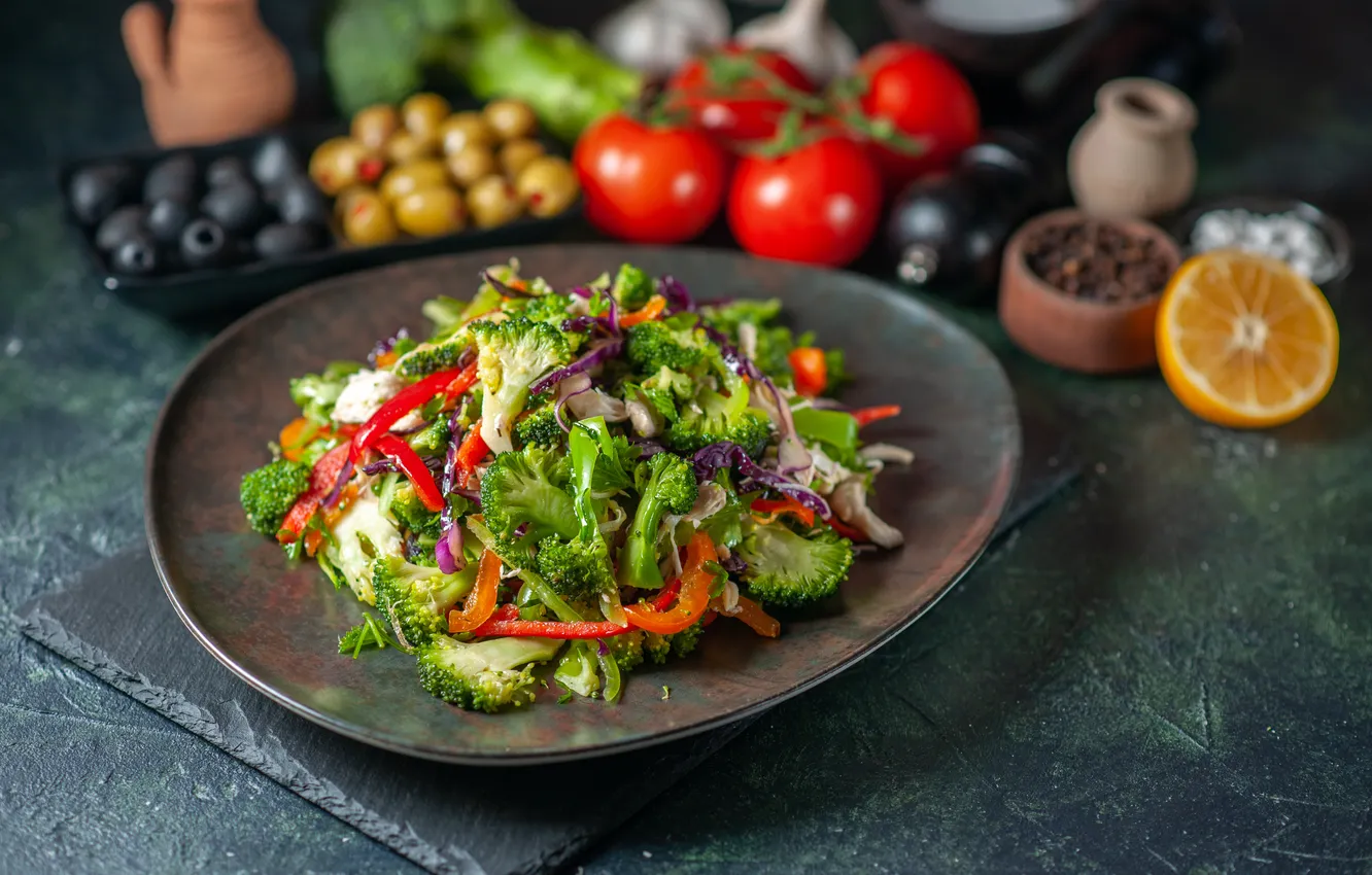 Photo wallpaper table, food, plate, vegetables, salad, submission