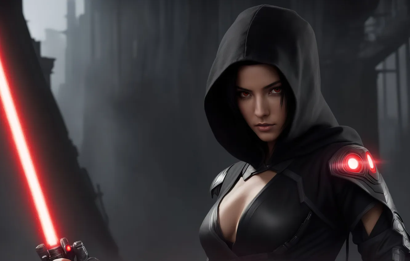 Photo wallpaper red, girl, art, red eyes, digital art, lightsaber, dark side, fantasy art