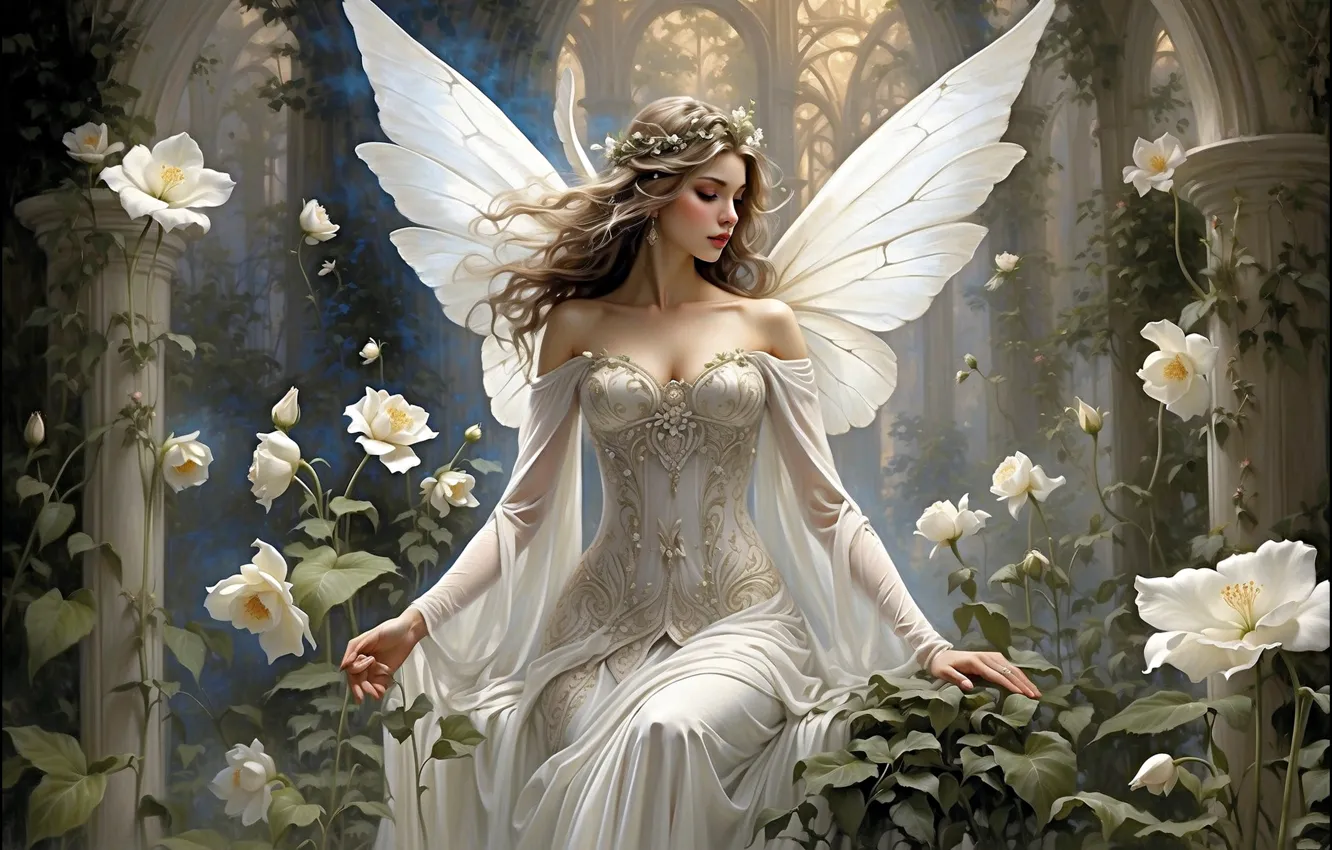 Photo wallpaper look, girl, pose, angel, AI art, neural network