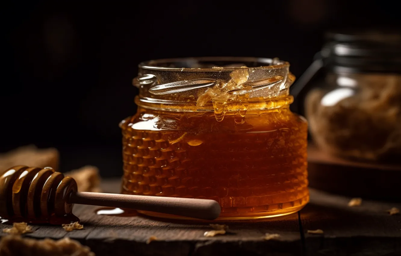 Photo wallpaper drops, table, Board, honey, Bank, black background, a spoon for honey, AI art