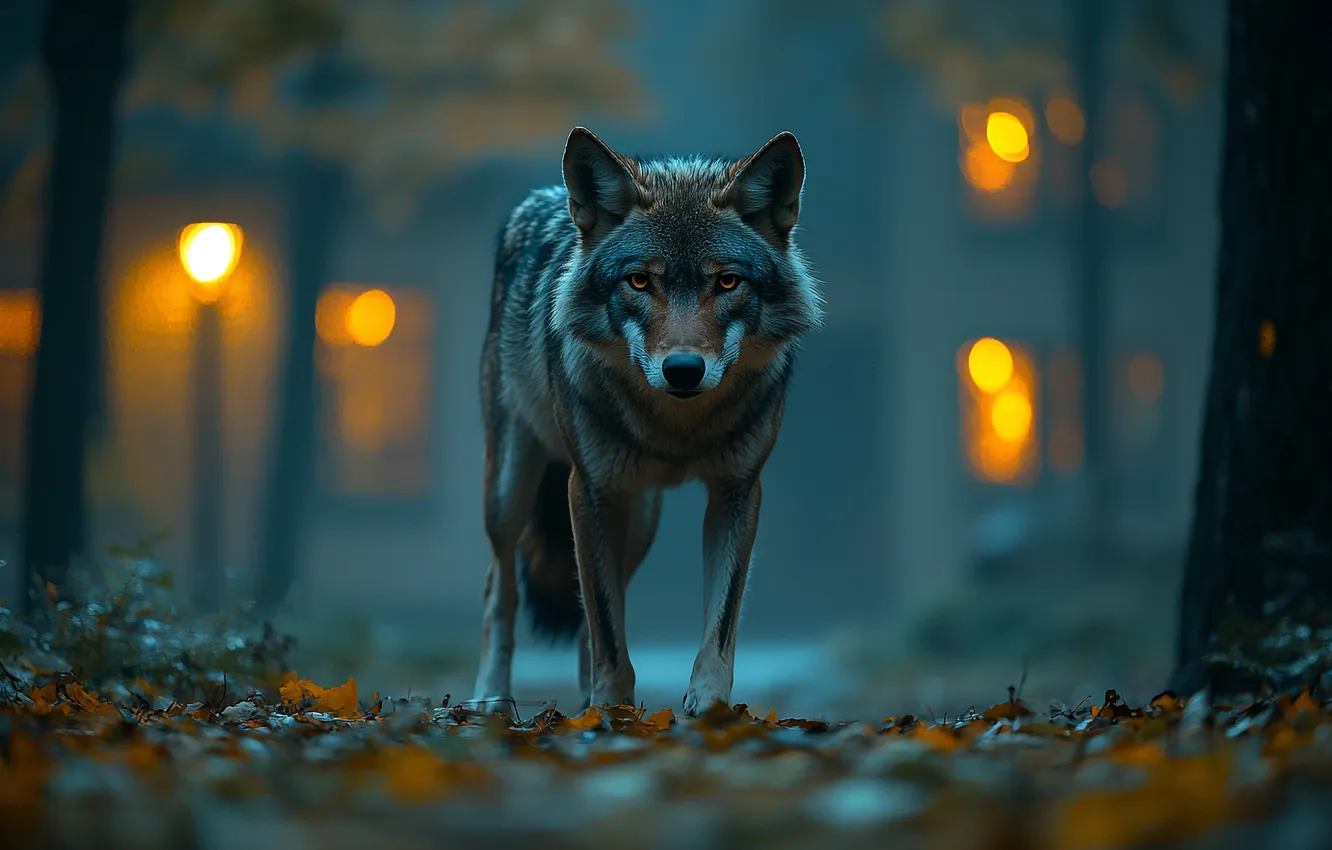 Photo wallpaper forest, look, lights, wolf, twilight, AI art, neural network