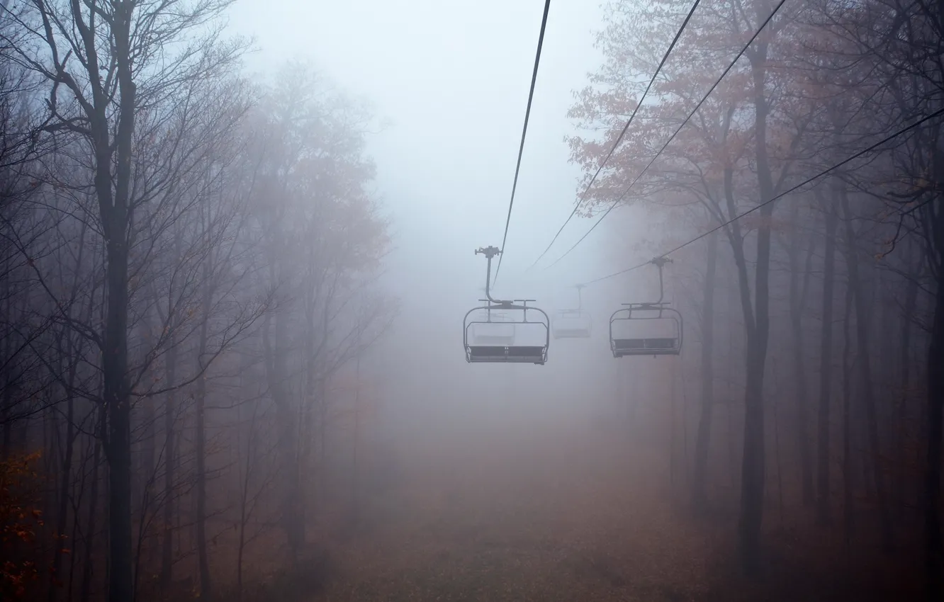 Photo wallpaper landscape, fog, cable car