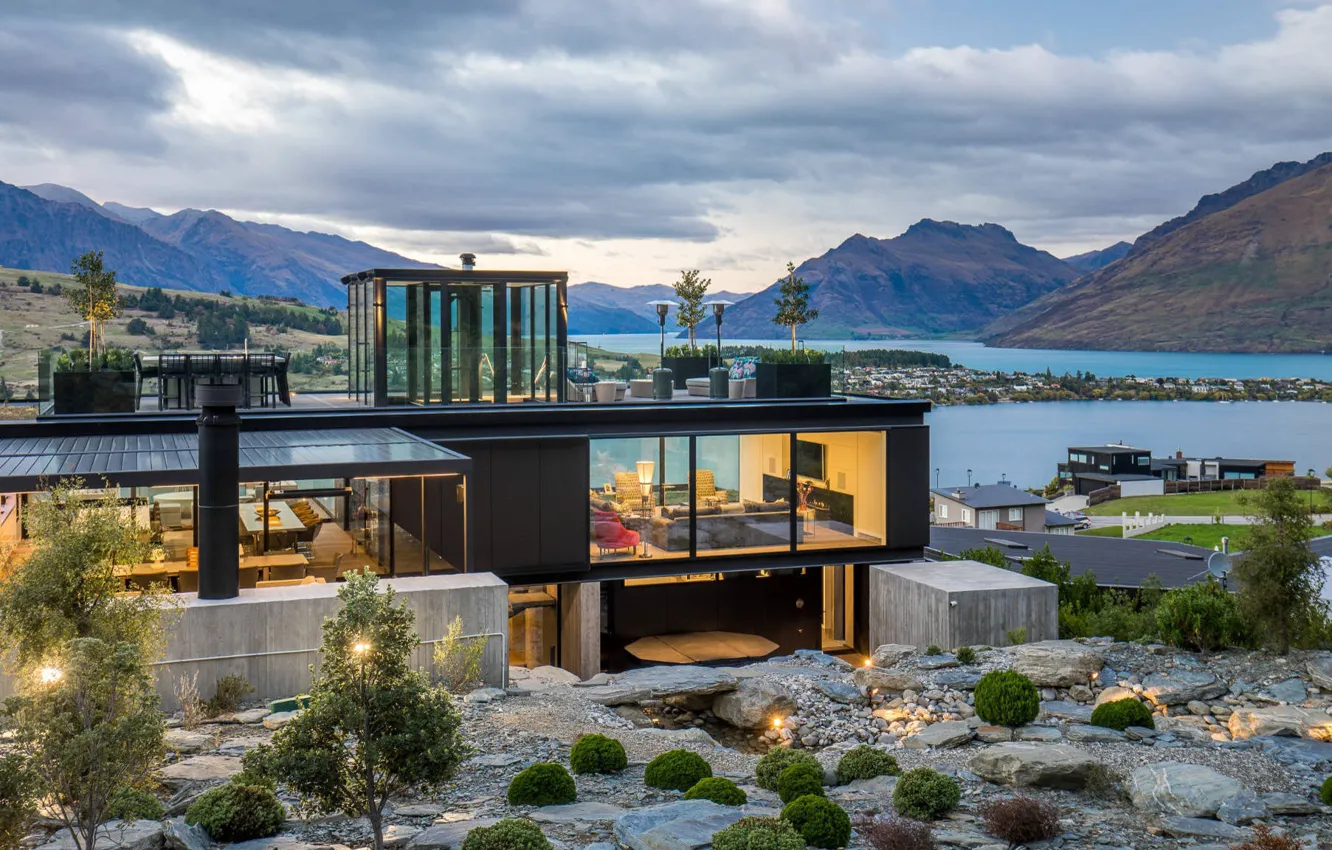 Photo wallpaper New Zealand, lift, luxury villa, Queenstown, outside-inside house, modern residence, landscape views to Lake Wakatipu, …