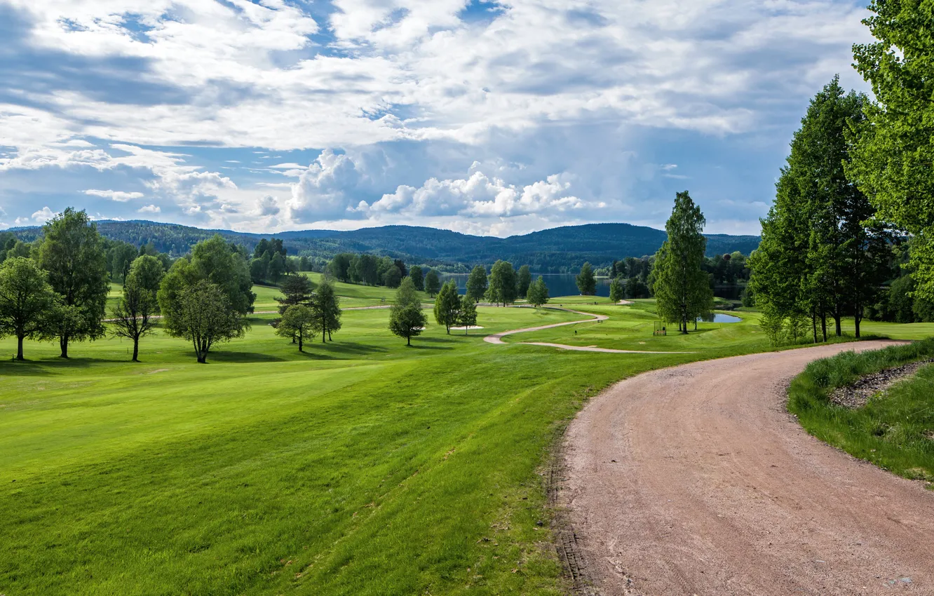 Photo wallpaper road, greens, summer, the sky, grass, clouds, trees, hills