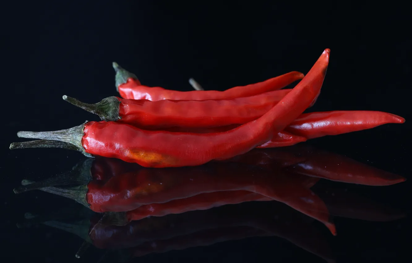 Photo wallpaper red, reflection, pepper, black background, sharp, Chile, pepper, burning