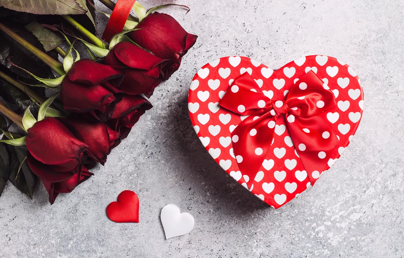 Photo wallpaper Valentine's day, red, flowers, holiday, box, gift, heart, bow