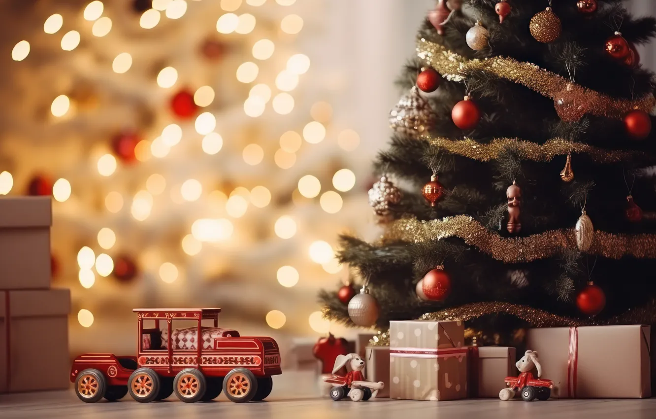Photo wallpaper machine, toys, Christmas, New year, machine, herringbone, cars, Christmas tree