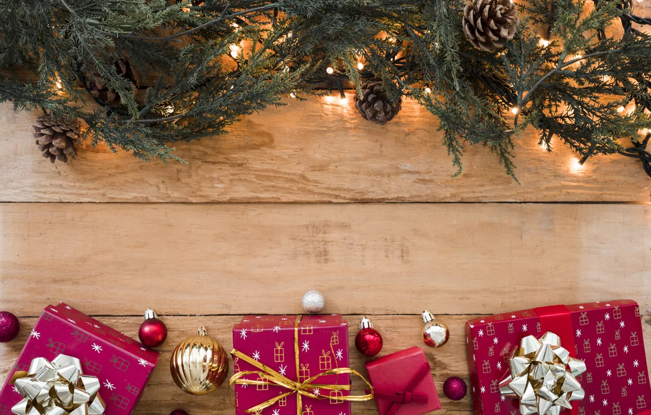 Photo wallpaper decoration, gift, new year, Christmas, garland, Christmas, wood, New Year