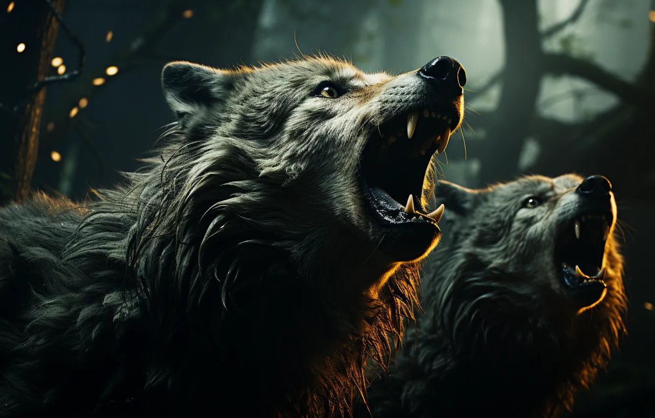 Photo wallpaper forest, look, face, wolf, predator, mouth, fangs, grin