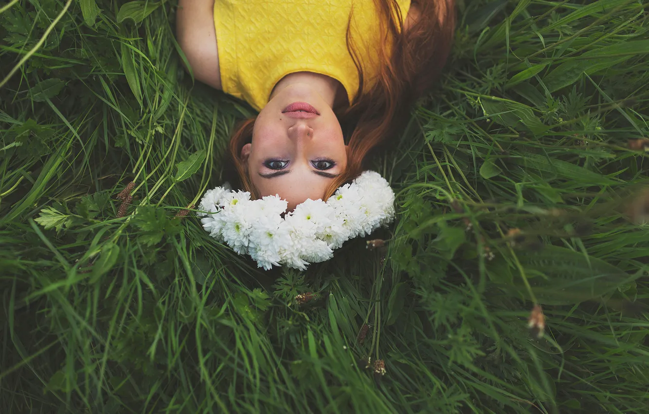 Photo wallpaper grass, look, girl, wreath, redhead, Wonderful picture