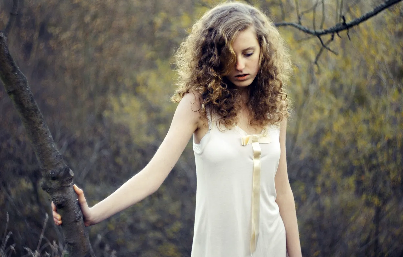 Photo wallpaper forest, girl, reverie, brown hair, curls