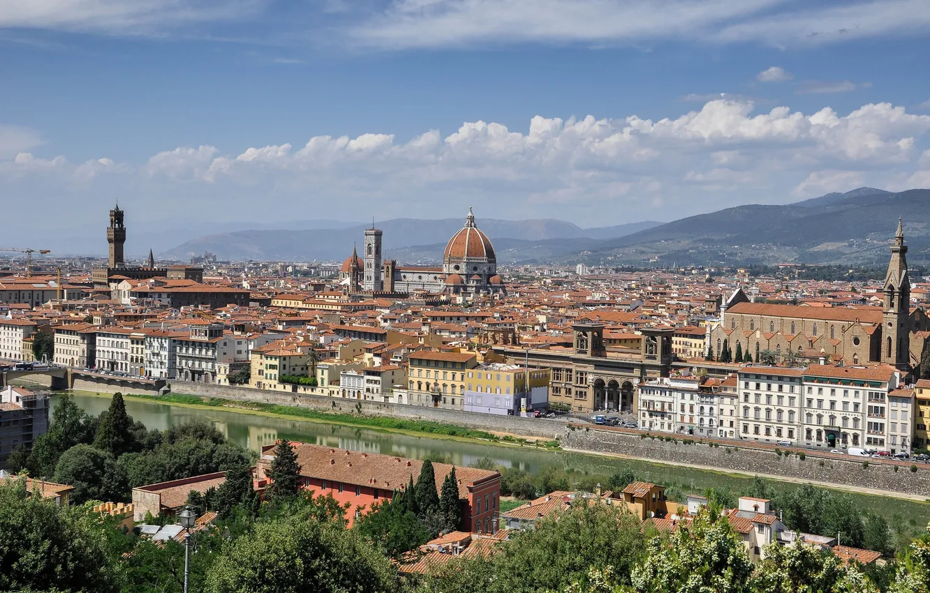 Photo wallpaper the sky, mountains, river, home, Italy, panorama, Cathedral, Florence