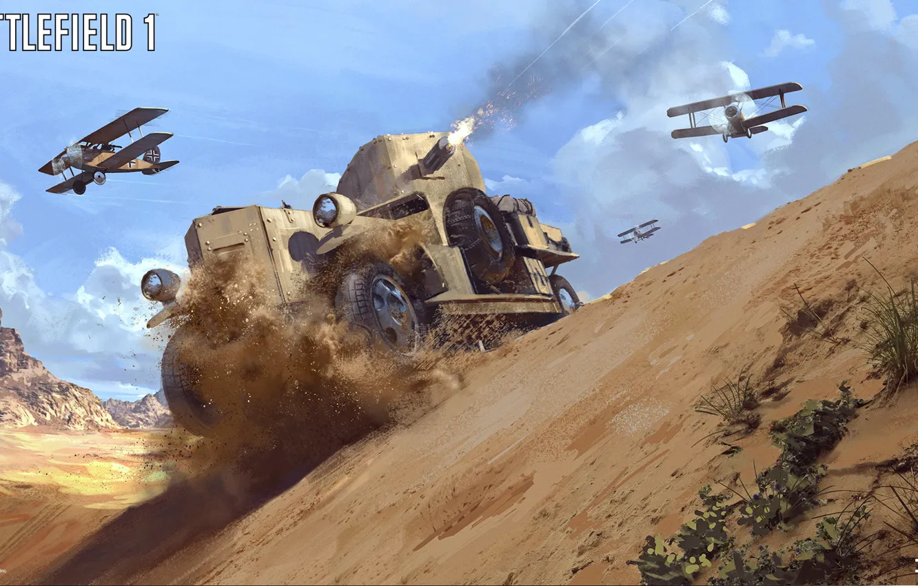 Photo wallpaper mountains, desert, the plane, armored car, Battlefield 1