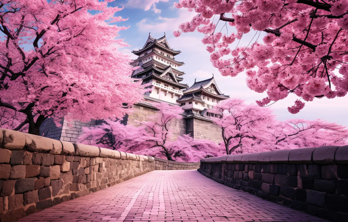 Photo wallpaper castle, Japan, Sakura, flowering, landscape, pink, blossom, view