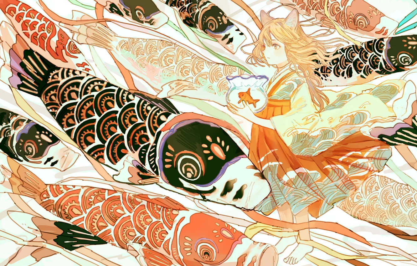 Photo wallpaper aquarium, girl, Fox, Kodomo no hee, koinobori