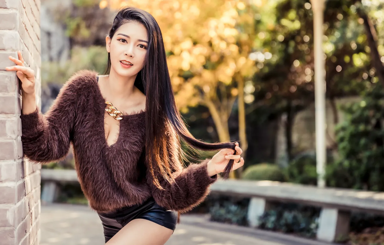 Photo wallpaper girl, shorts, beautiful, asian, cute, sweater