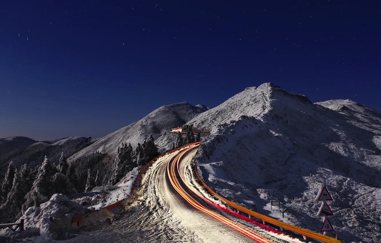 Photo wallpaper road, lights, mountain
