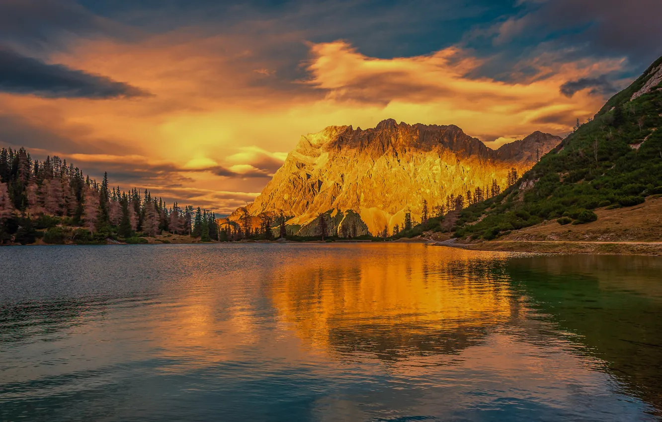 Photo wallpaper forest, the sky, clouds, sunset, mountains, lake, reflection, rocks