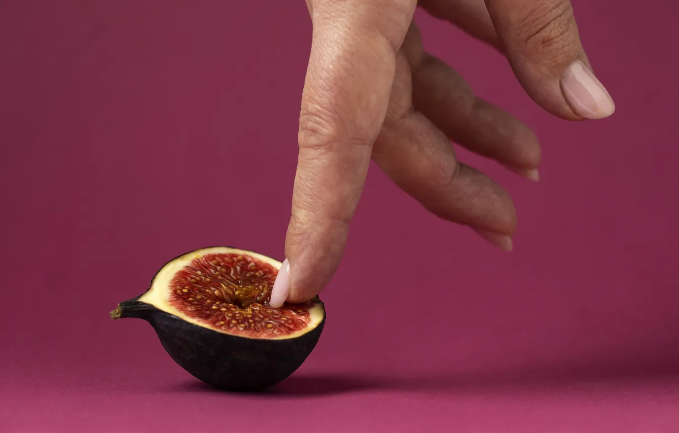 Photo wallpaper background, hands, touch, fingers, fruit, pink background, halves, manicure