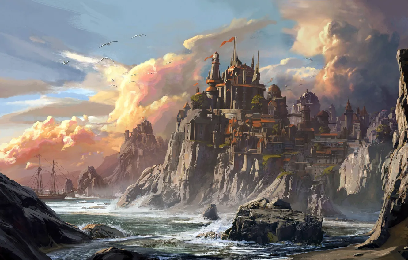 Photo wallpaper castle, shore, ship, Wizards of the Coast, Jedd Chevrier, Neverwinter Harbor