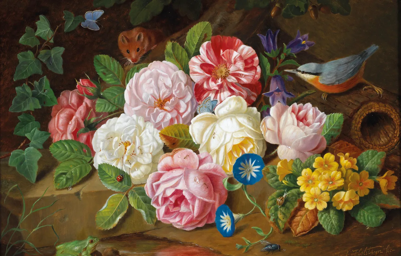 Photo wallpaper bird, roses, mouse, still life, JOsef Holstayn