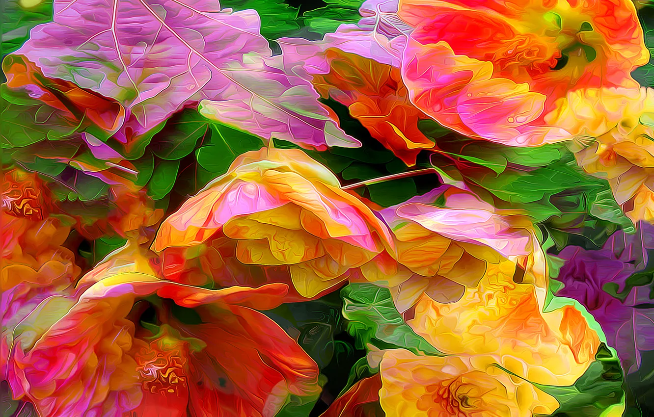 Photo wallpaper line, flowers, nature, rendering, paint, petals