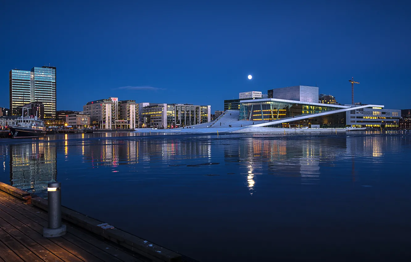 Photo wallpaper night, lights, home, Norway, harbour, Oslo, Opera house