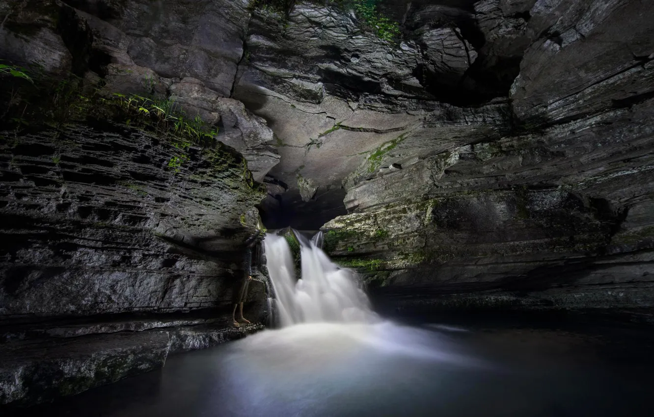 Photo wallpaper lake, waterfall, cave, USA, Arkansas, Blanchard Springs