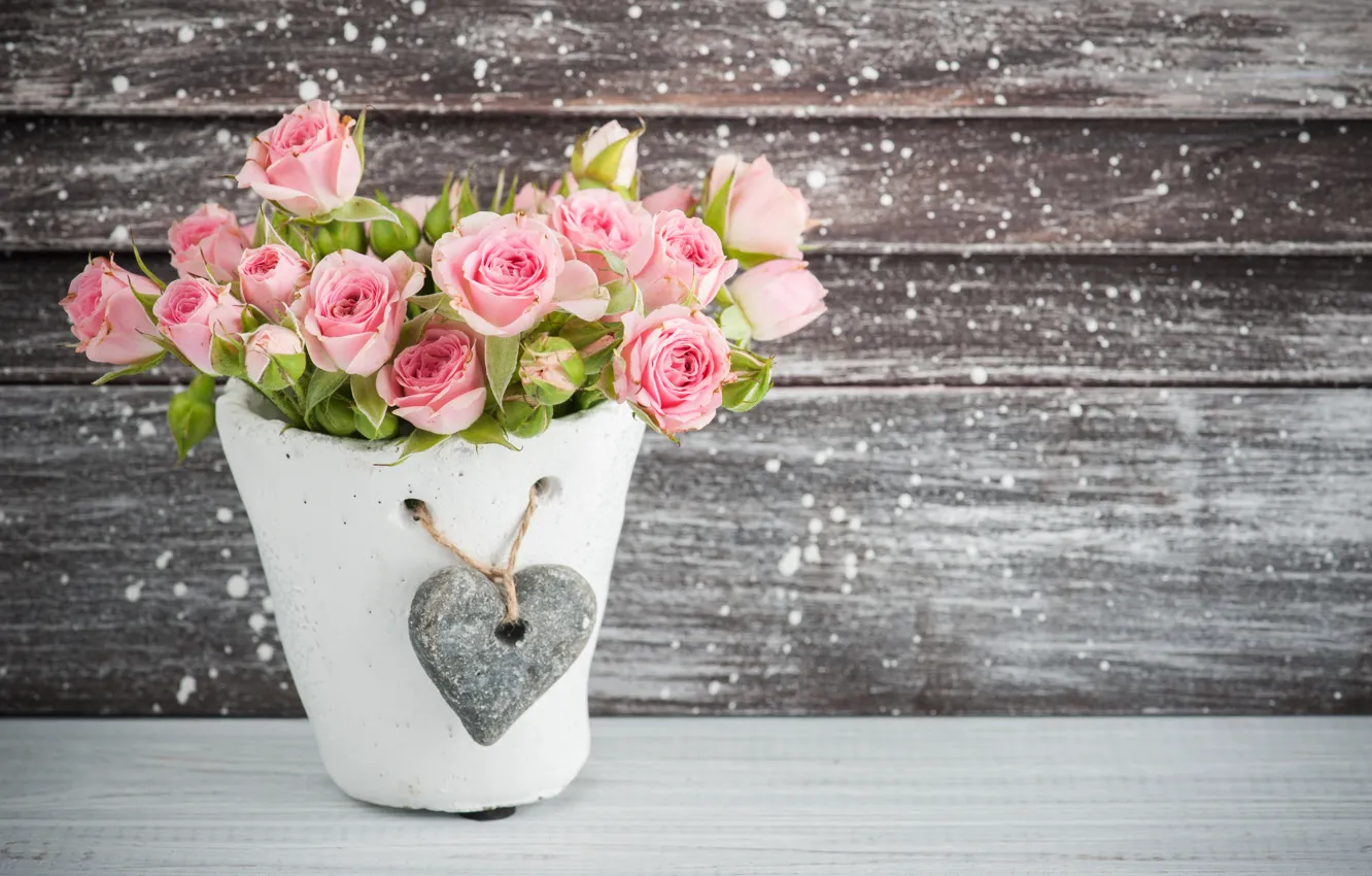 Photo wallpaper table, heart, roses, bouquet, vase, pink, THE OFF