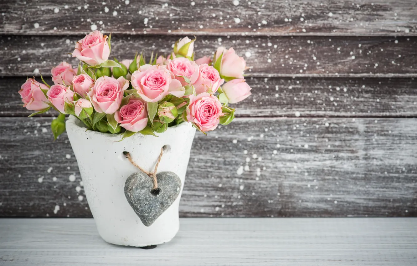 Photo wallpaper table, heart, roses, bouquet, Vase, pink, THE OFF