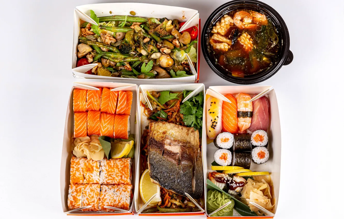 Photo wallpaper lemon, fish, soup, sushi, rolls, seafood