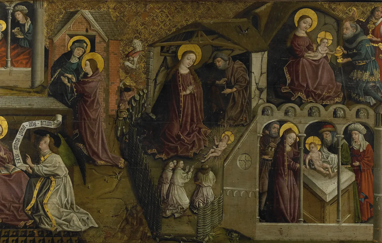 Photo wallpaper trees, oil, picture, religion, mythology, Triptych with Scenes from the life of Mary