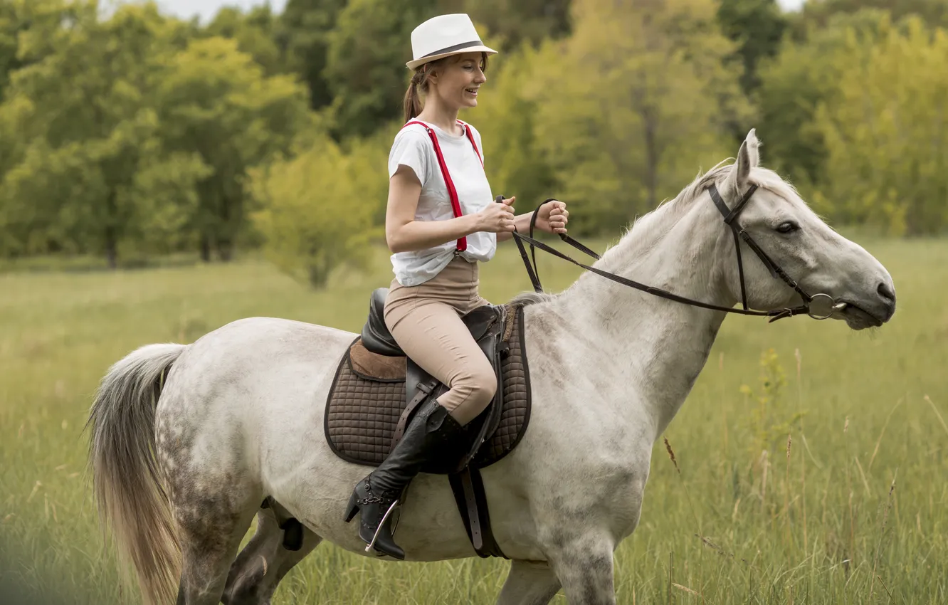 Photo wallpaper woman, horse, countryside, ridding