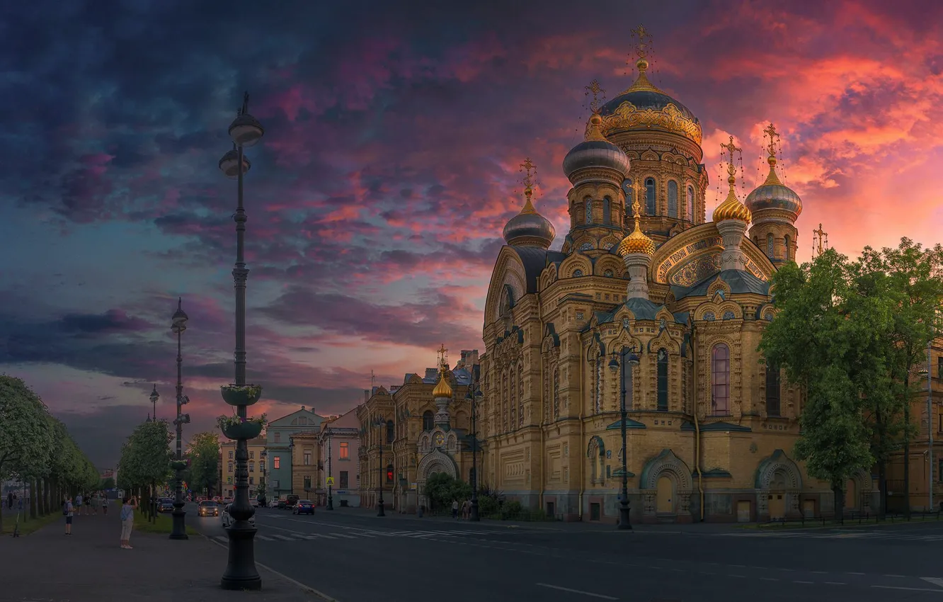 Photo wallpaper road, sunset, the evening, lights, Saint Petersburg, temple, Russia, Andrey Kucherov