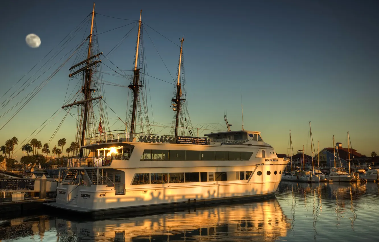 Photo wallpaper palm trees, the moon, boat, ship, HDR, home, sailboat, Bay