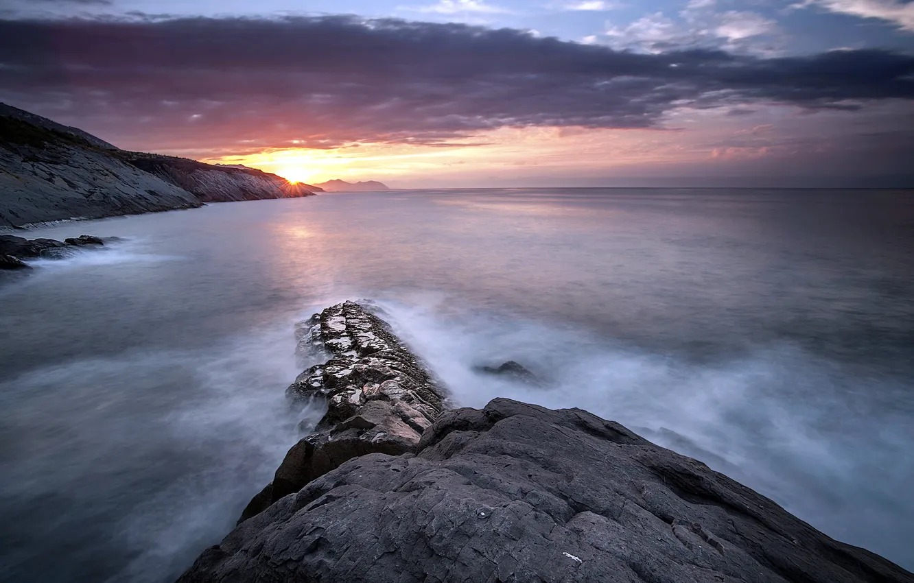 Photo wallpaper sea, landscape, sunset, rocks