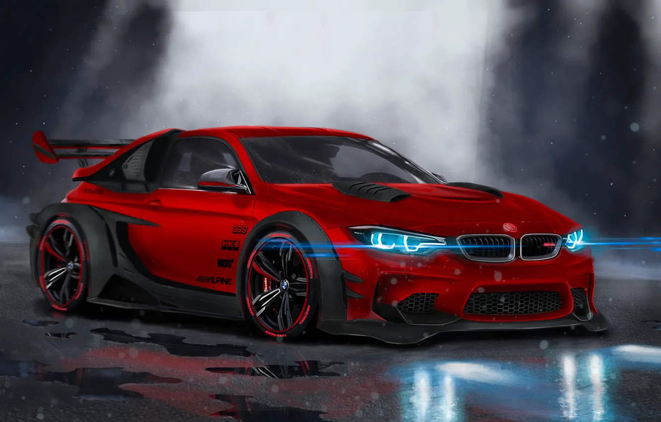 Photo wallpaper BMW, Red, Car, Front, Neon, Sport, Customs
