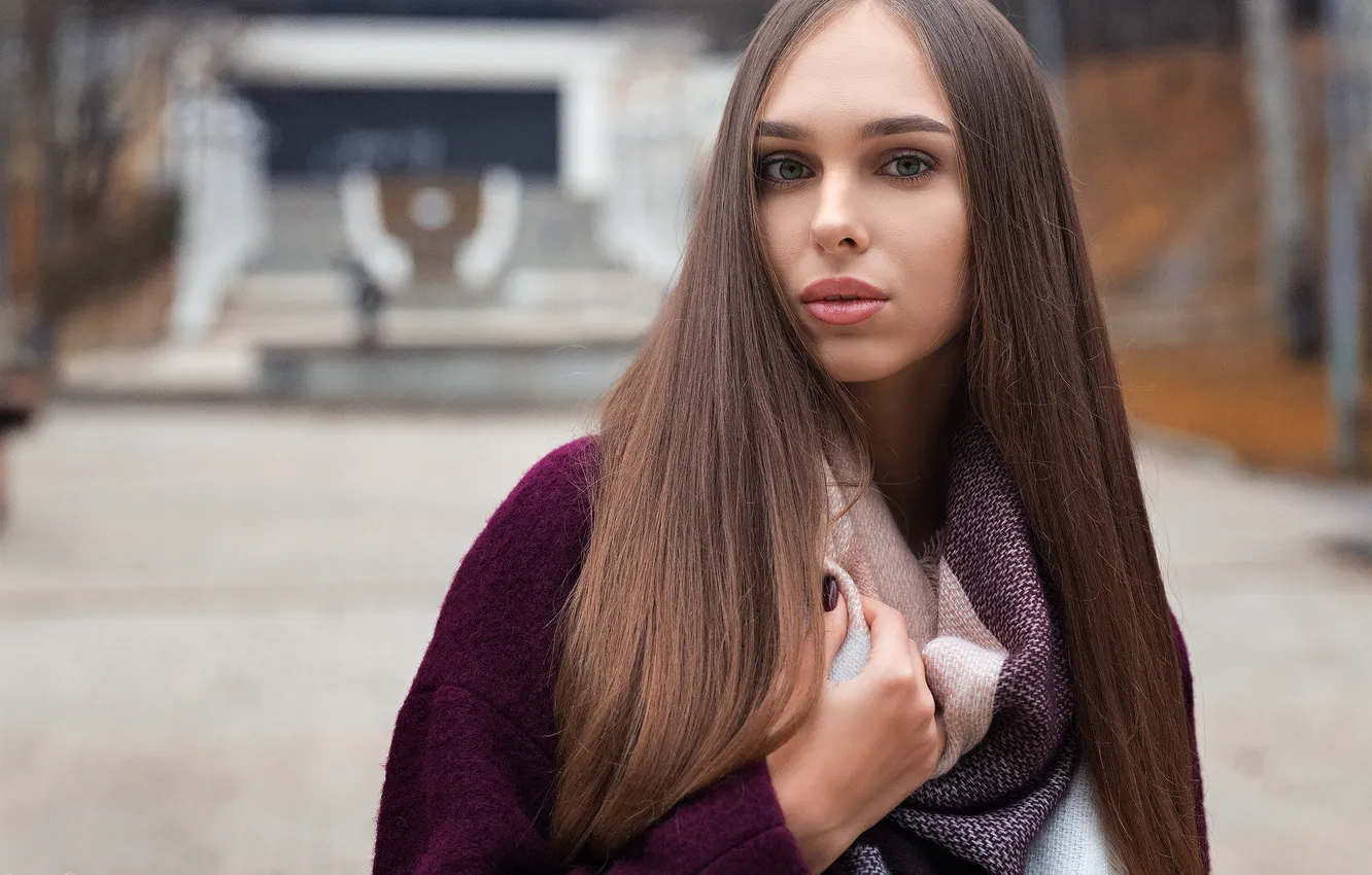 Photo wallpaper look, model, makeup, scarf, hairstyle, brown hair, beauty, coat