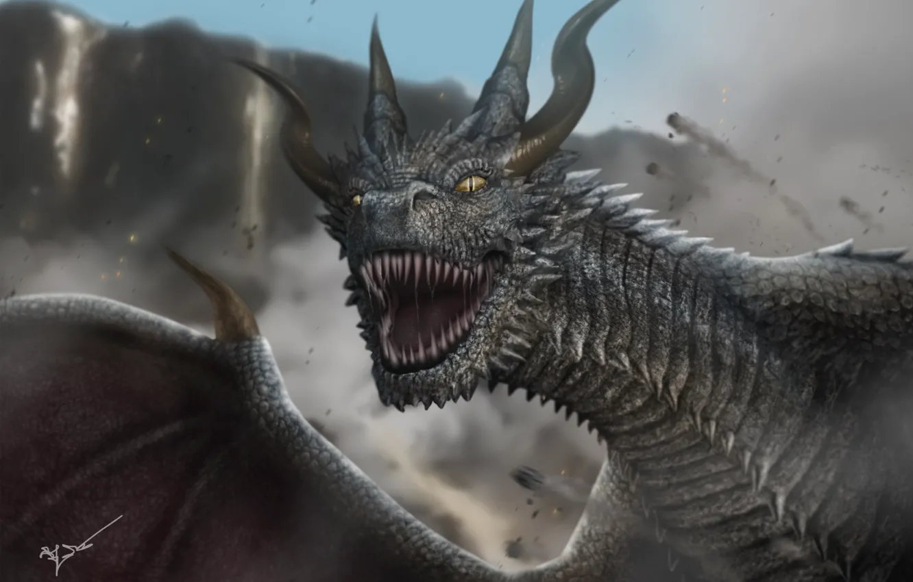 Photo wallpaper look, dragon, wings, fangs, horns, monster