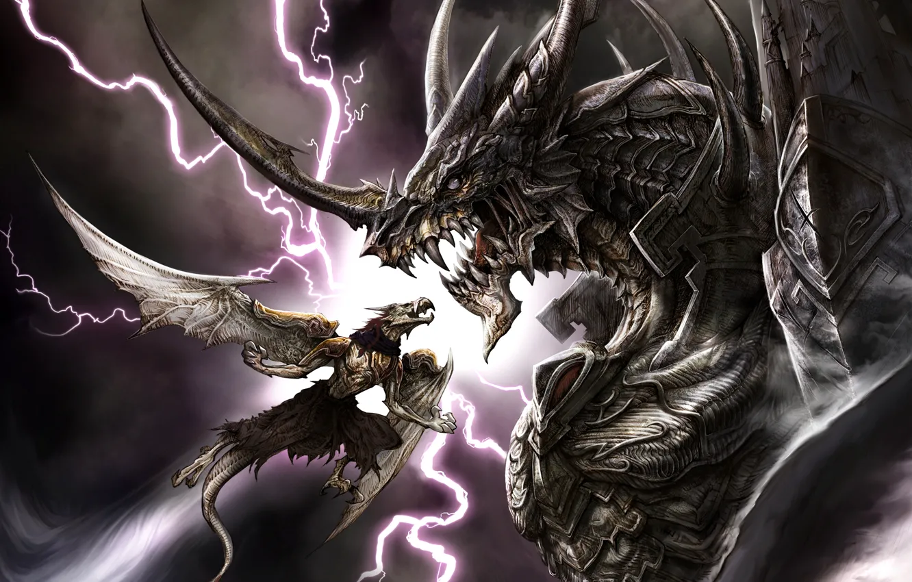 Photo wallpaper lightning, dragon, teeth, armor