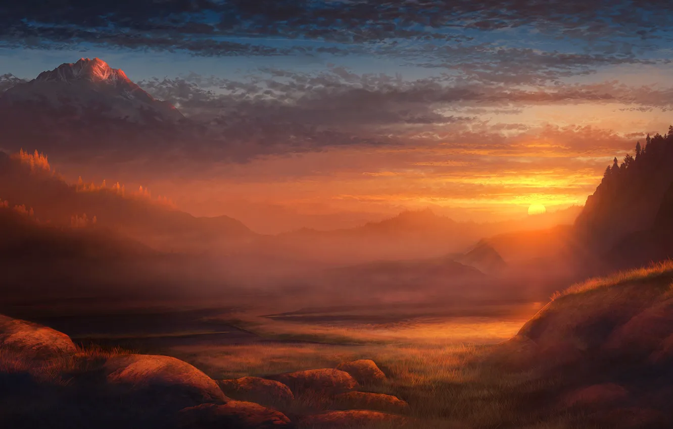 Photo wallpaper Sunset, Clouds, Mountains, Sunrise, Lake, Mountain, Forest, Dawn
