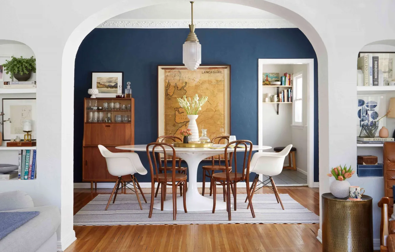 Photo wallpaper room, interior, dining room, Farmhouse, Blue dining room