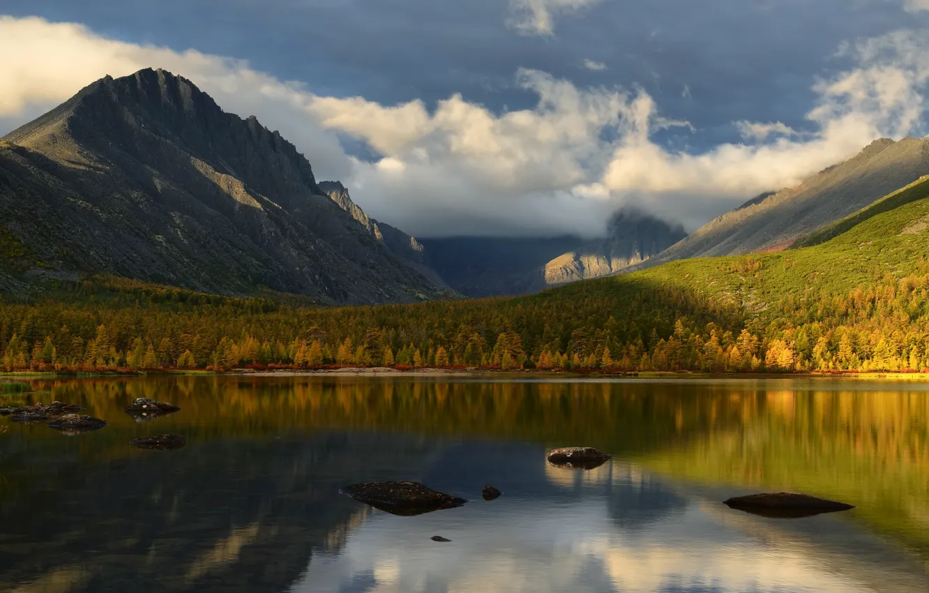 Photo wallpaper autumn, forest, the sky, clouds, mountains, reflection, stones, shore